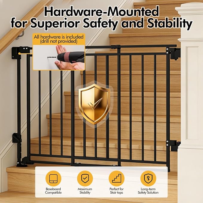 Baby Gate for Stairs Doorways & Kitchen, Extra Wide 32"-54" W x39 H Extra Tall, No Bottom Bar Dog Gate, One-Handed Auto-Close, Hardware Mount Safety Gate for Dogs & Toddlers, Black