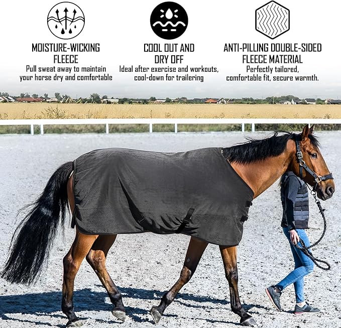 2 Pack 72.8 Inch Fleece Horse Cooler Blankets Cooling and Quick-Dry Horse Cooler Sheet with Double Side Anti-Pilling Breathable Fleece Moisture-Wicking Winter Blanket with Adjustable Buckle