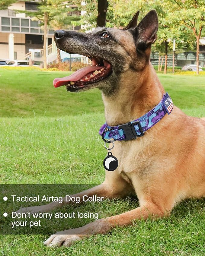 Hotsky Tactical Dog Collar and Leash Set, Heavy Duty Military Airtag Dog Collar with Handle and Metal Buckle for Training and Walking, with Airtag Holder and Two Patches (Purple Camo, XL)