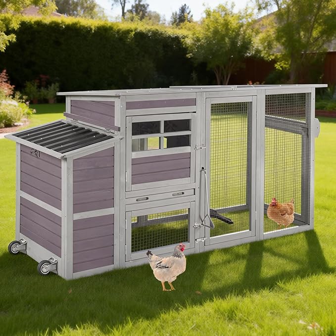 Large Chicken Coop with Run, Wooden Chicken House with Nesting Box, Outdoor Hen House with Wheels and Leakproof Pull-on Tray, Waterproof Poultry Chicken Cages for 5 Chickens