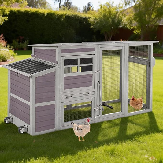 Large Chicken Coop with Run, Wooden Chicken House with Nesting Box, Outdoor Hen House with Wheels and Leakproof Pull-on Tray, Waterproof Poultry Chicken Cages for 5 Chickens
