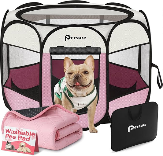 Dog Cat Playpen Indoor Outdoor for Puppy Pet Dogs Cat Recovery After Surgery, Dog Tent Crates Cage Indoor/Outdoor, Portable Pop Up Kennel with Carrying Case for Travel (Pink with Pad, Medium)