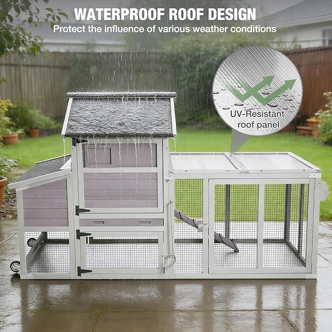 Chicken Coop with Run, Mobile Chicken Tractor with Wheels, Large Hen House with Nesting Box, Waterproof Roof and Pull Out Tray, Wooden Poultry Cage for 2-4 Chickens