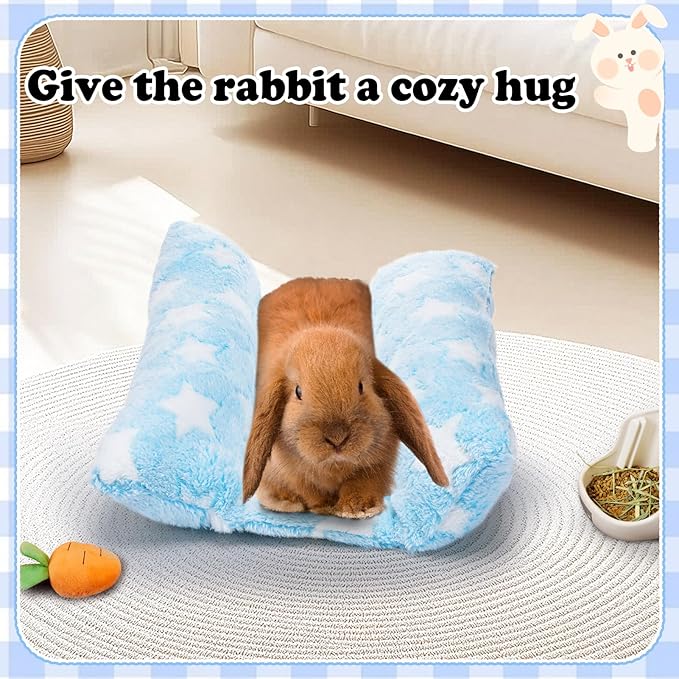 MEWTOGO 15.7" x 14" Bunny Bed for Rabbit Cage - Thickened Soft Prevent Sore Hocks Plush Mat with Cotton Lounger Pillows, Small Animal Flop Mat for Hutch Sleeping Indoor, Light Blue-Star