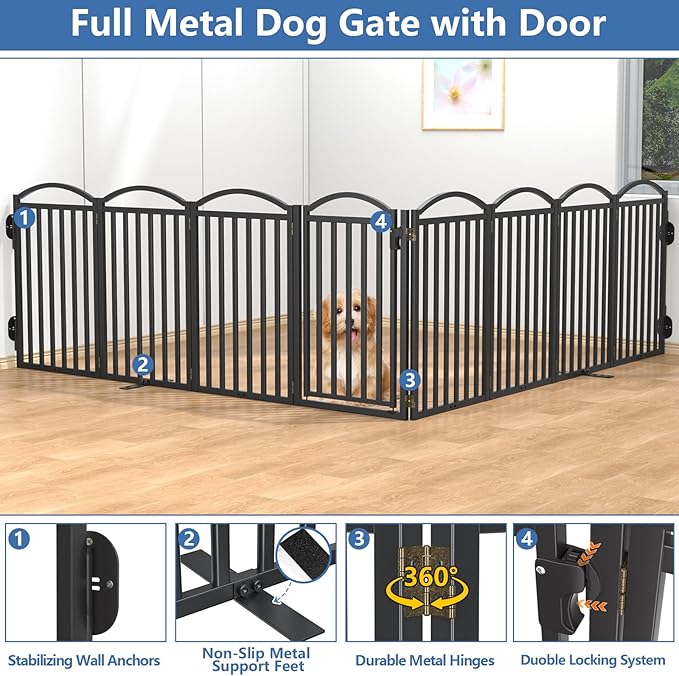 Malier Metal Freestanding Dog Gates with Door, 32'' Height Outdoor Indoor Dog Fences, Extra Wide Foldable Puppy Gate for Stairs (Black, 【8 Panels with Door】 160''W × 32''H)