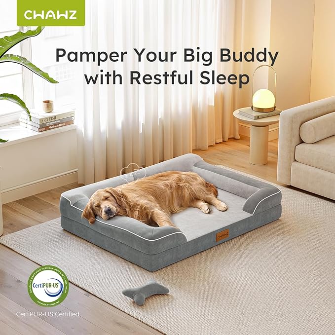 CWAWZ XXL Dog Bed for Extra Large Dogs, Giant Orthopedic Dog Bed with Cooling Gel Memory Foam, Waterproof Pet Bed with Removable Washable Cover, 53" Pet Sofa bed Dutch Velvet with Bone Toy, Light Gray