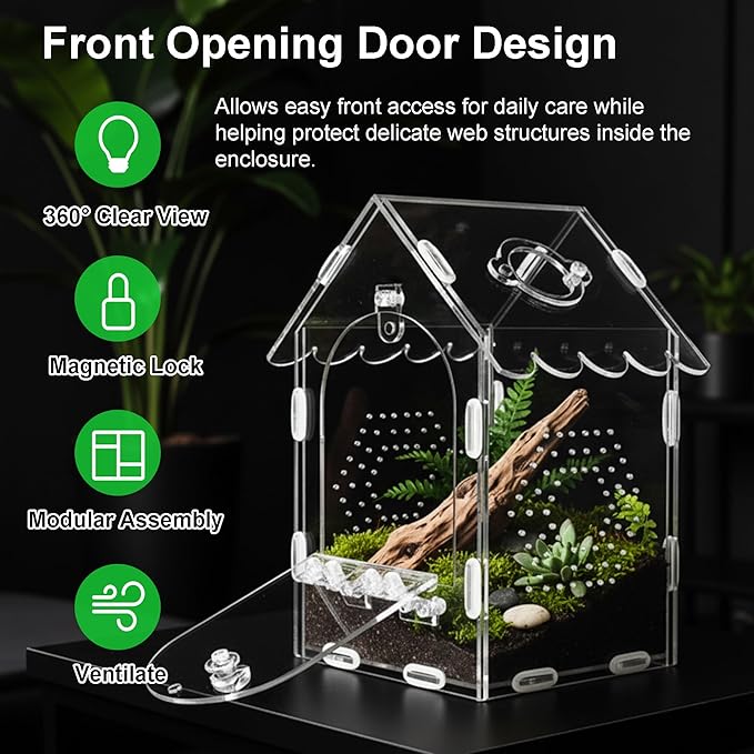 Jumping Spider Enclosure, Front-Opening Acrylic Reptile Terrarium Tank with Magnetic Lock, Clear Reptile Enclosure for Tarantulas, Geckos, Mantises and Tiny Pets(5" L × 5" W × 8" H)