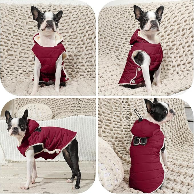 Vecomfy Fleece Lining Dog Hoodie with Harness Built in,Extra Warm Medium Dog Jacket in Winter Doggie Coats with Drawstring Hooded,Red L
