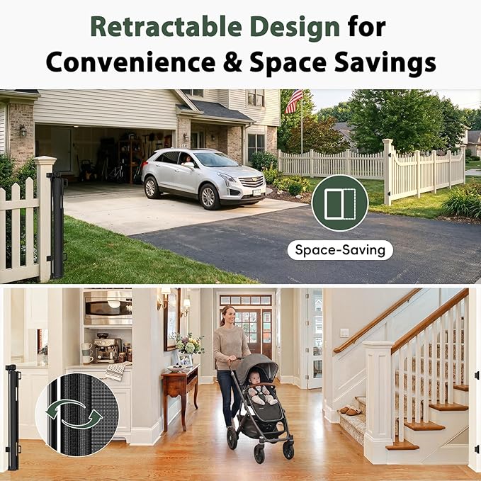 275" Extra Long Baby Gate Retractable Dog Gate, 23ft Retractable Baby Gates Extra Wide Driveway Gate, Reinforced 48" Extra Tall Pet Gate Outdoor Retractable Fence, Garage Gate Wide Dog Gate, Black