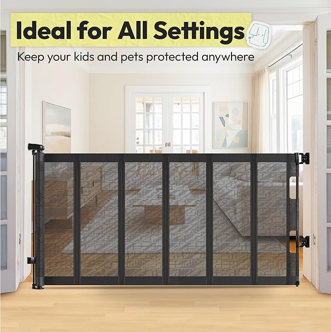 34" H Tall Mesh Dog Gate Extends Up to 150" W Retractable Pet Gate with Drill Installation, Preventing Crawling Through for Stairs, Doorways, Indoor & Outdoor (Black)