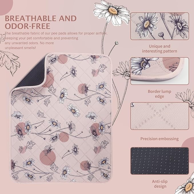 IEUUMLER Washable Pee Pads for Dogs, 2 Pack Non-Slip & Waterproof Pack Whelping Pad, Reusable Washable Puppy Potty Training Pad with Fast Absorbent for Playpen EU007 (Pink Daisy, 41"X41"-2pcs)