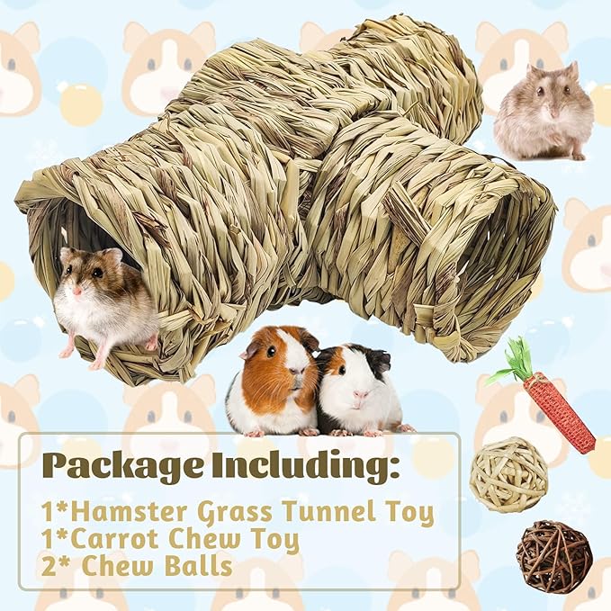 PINVNBY Hamster Grass Tunnel Toy Nature's Hideaway Guinea Pig Tunnels and Tubes Straw Tunnel House with 4 Entrances for Chinchillas Hedgehogs Rats Gerbils (4 PCS)