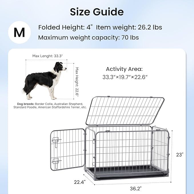 ZOMISIA Collapsible Dog Crate for Medium Dogs - Foldable 36 inch Escape Proof Metal Dog Kennel with Double Door, Dog Cage with Removable Tray for Indoor Outdoor, Silver Gray