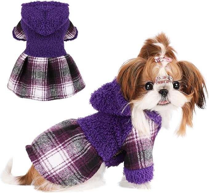 DaFuEn Dog Sweater,Dog Dress, Dog Sweaters Dresses for Small Dogs,Cute Warm Fleece Hooded Sweater for Small Dogs, Plaid Puppy Dresses Clothes Chihuahua Yorkie Cat Apparel （Purple,XS