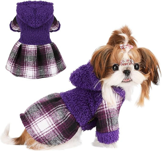 DaFuEn Dog Sweater,Dog Dress, Dog Sweaters Dresses for Small Dogs,Cute Warm Fleece Hooded Sweater for Small Dogs, Plaid Puppy Dresses Clothes Chihuahua Yorkie Cat Apparel （Purple,XS