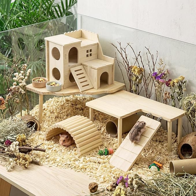 BreezeHug 4 Pcs Hamster Platform Hideout Wooden Tunnel Ladder Playhouse Hamster Game Climbing Toy with Platform Cage Accessories for Small Pets Dwarf Syrian Mice Degus Gerbils Squirrel(Loft)