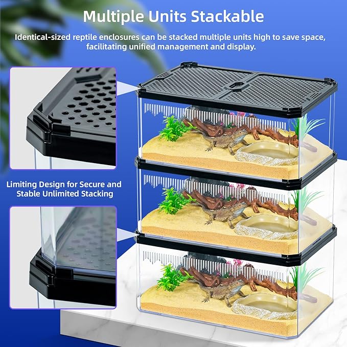 High-Transparency Reptile & Insect Enclosure Terrarium with Magnetic Door, Excellent Ventilation, Easy Cleaning, and Strong, Long-Lasting Build for Cricket,Frog,Insect House Gecko, Black,9.3 in