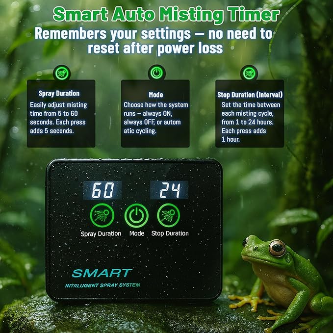 Reptile Mister Automatic Misting System, Reptile Humidifiers with Smart Timing Controller, Terrariums Humidifier with 360°Adjustable Misting Nozzles, Rainforest Ecosystem Sprayer…