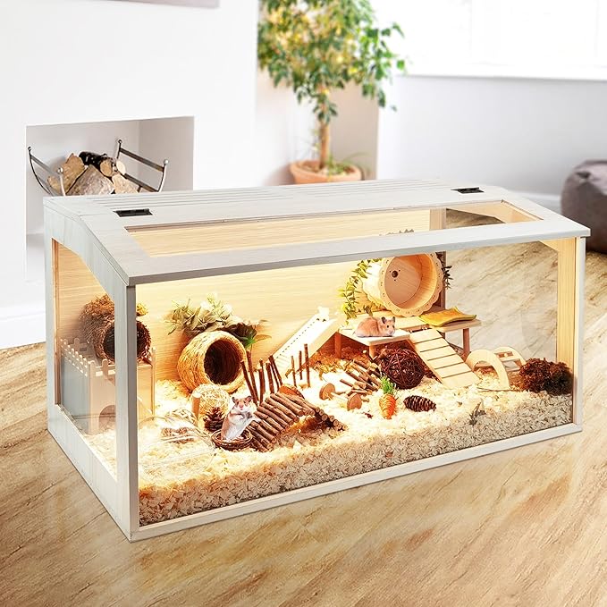 PROLEE Hamster Cage with Chewproof Wood Top, Guinea Pig Cages, Hamster Habitat with Clear Acrylic Sheets Solid Built, Small Animal Cage (Oak, 40X19.5X19.5 inch)