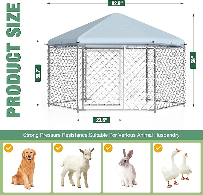 Large Dog Kennel Outside,Outdoor Dog Kennel with Roof,Large Dog Cage with Steel Fence Secure Lock for Garden/Yard (7x7x5 FT)