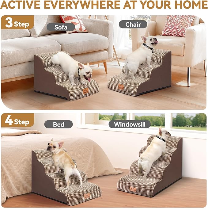 Zerbuger Dog Ramp and Stair for Bed 16" H-20 H,3-Step Cat Stair for Sofa and Chair,4-Step Dog Ramp for High Bed and Window,Durable Nonslip Fabric Cover for Indoor (Coffee-20 H, Pet Friendly, 4)