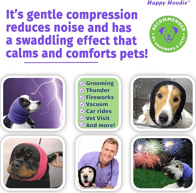 Happy Hoodie The Original Dog & Cat Calming Band - American Brand - Anxiety Relief/Noise Protection-Grooming-Thunder-Fireworks (Large, Purple) - Since 2008