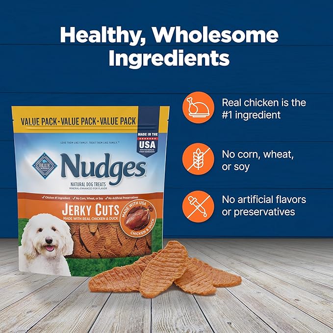 Blue Buffalo Nudges Jerky Cuts Dog Treats, Made in the USA with Natural Ingredients, Chicken & Duck, 36-oz Bag (Pack of 3)