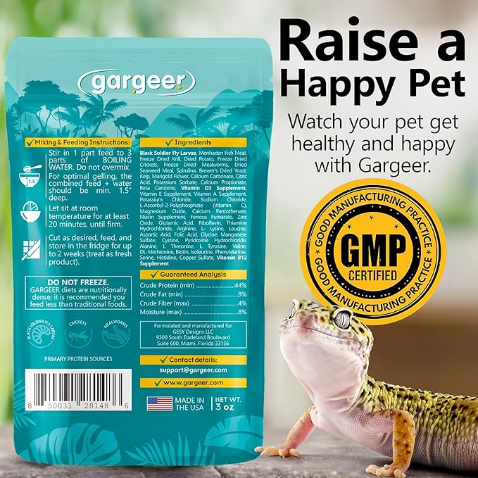 Gargeer Leopard Gecko Food 3oz. Complete Gel Diet for Both Juveniles and Adults. Proudly Made in The USA, Using Premium Ingredients, Fortified Gourmet Formula. Enjoy!