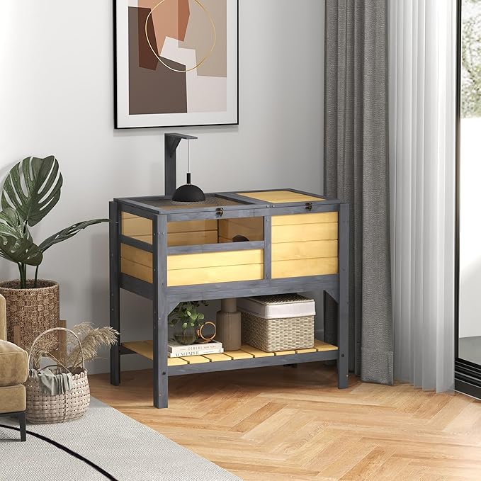 Turtle Habitat Enclosure, Large Wooden Tortoise House for Indoor and Outdoor Use, Reptile Enclosure with Openable Roof & Secure Locking System (Yellow+Storage Shelf)