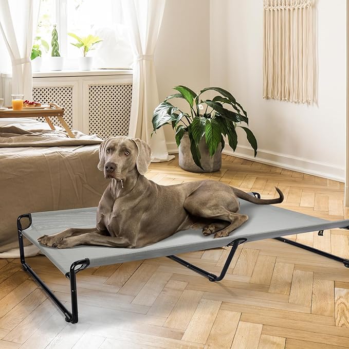 Veehoo Raised Dog Beds for XXL Dogs, Washable Dog Cot with Headrest Sides, Outdoor Elevated Dog Bed with Non-Skid Feet, Breathable Mesh, Cooling Pet Hammock for Indoor or Camping, 59", Grey