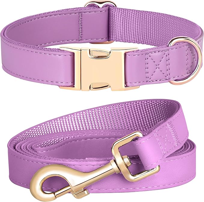 PET ARTIST Soft PU Leather Dog Collar and Leash Set, Bright & Stylish 5FT PU Leather Leash and Collar Set, Durable Pet Collars with Quick Release Metal Buckle for Large Dogs,Purple,L(16-27")
