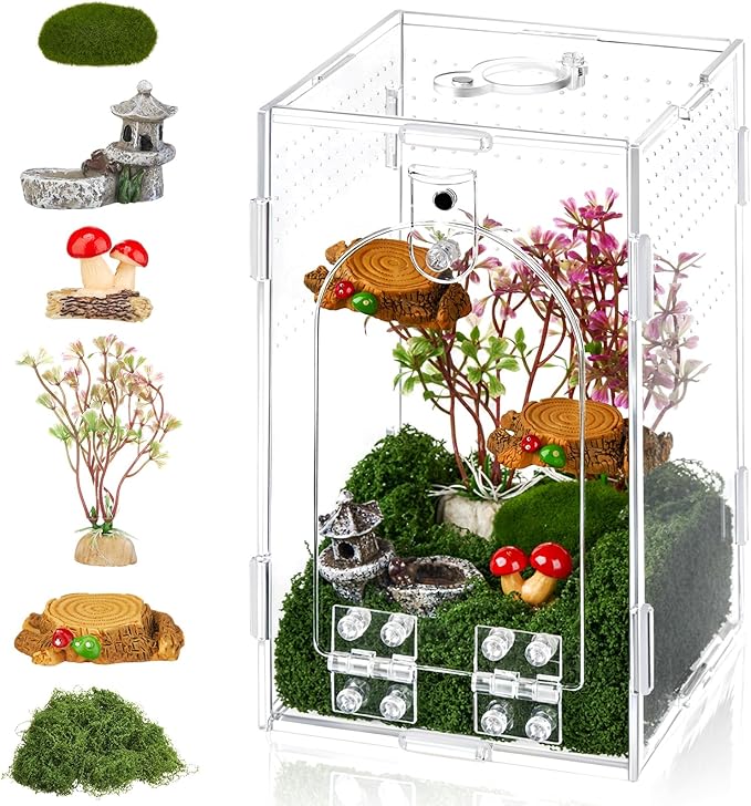 Jumping Spider Enclosure with Habitat Mini Figurines Set Acrylic Terrarium Habitat Mini Jumping Spider House Decorations for Tarantulas Snail Mantis Small Reptiles(Side Door)