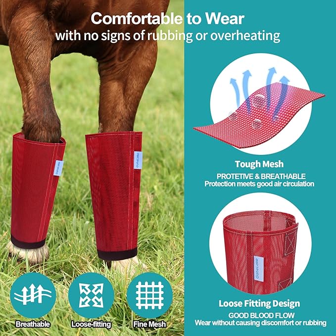 Mesh Horse Fly Boots Set of 4, Loose Fitting Leggings for Horses, Reduce Stressful Stomping, Breathable Adjustable and Universal Fit for 4 Legs, Reliable Stay Put (Red)