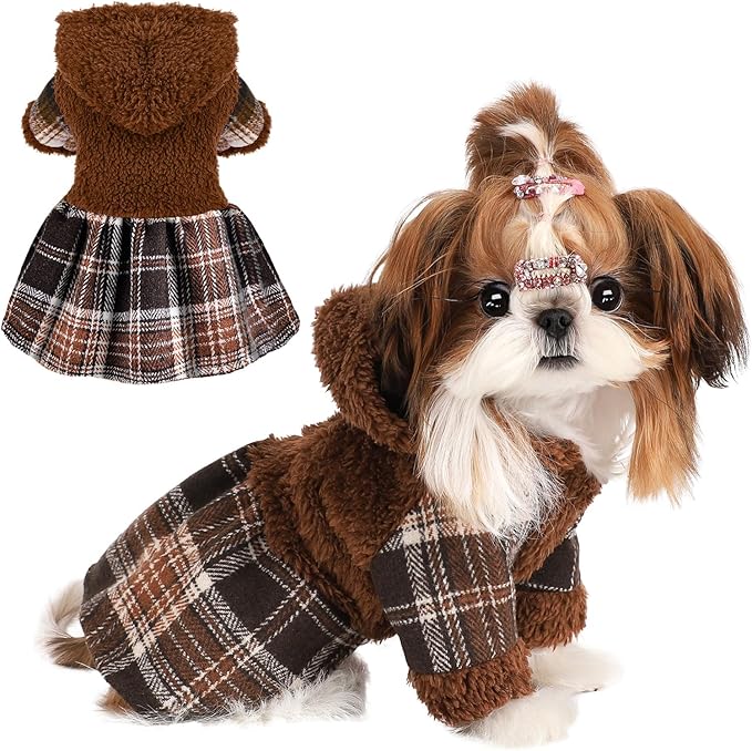 DaFuEn Dog Sweater,Dog Dress, Dog Sweaters Dresses for Small Dogs,Cute Warm Fleece Hooded Sweater for Small Dogs, Plaid Puppy Dresses Clothes Chihuahua Yorkie Cat Apparel （Brown,M