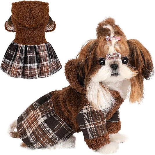 DaFuEn Dog Sweater,Dog Dress, Dog Sweaters Dresses for Small Dogs,Cute Warm Fleece Hooded Sweater for Small Dogs, Plaid Puppy Dresses Clothes Chihuahua Yorkie Cat Apparel （Brown,S