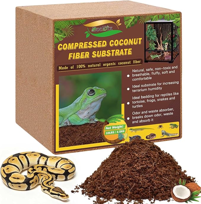ZeeDix 10LBS Coconut Fiber Substrate, 100% Organic Coconut Husk Coco Coir Brick Terrarium Bedding for Reptiles, Tortoise, Bearded Dragon, Leopard Gecko, Snake, Hermit Crabs, Frogs, Tarantula