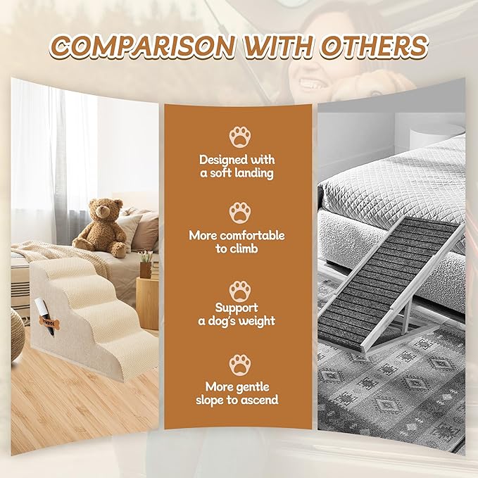 Dog Stairs, Romrol Dog Steps Ramp for High Bed and Couch, Dogs Ramp with Durable Non-Slip Waterproof Fabric Cover, Pet Stairs for Small Dogs and Cats or Pets Joints, 4-Tiers, Beige