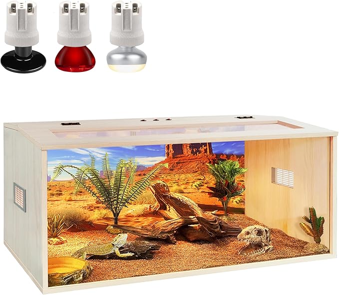 PROLEE Bearded Dragon Tank, Up to 81Gallon Reptile Enclosure, Tempered Glass Lizard Tank, Bearded Dragon Enclosure with Built-in Lamp Fixture for Chameleon (Wooden Roof, 81Gallons,48x19.5x19.5 Inch)