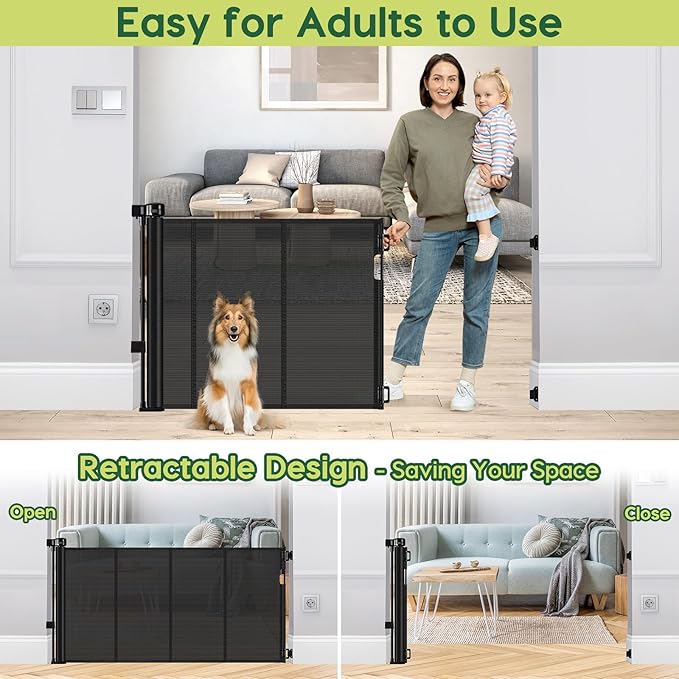 Reinforced 55" Wide Retractable Baby Gates with Reinforced Strips, Indoor/Outdoor Retractable Dog Gate for Doorway Prevent Bottom Drilling Through, No Bottom Bar Safety Mesh Baby Gate for Stair, Black