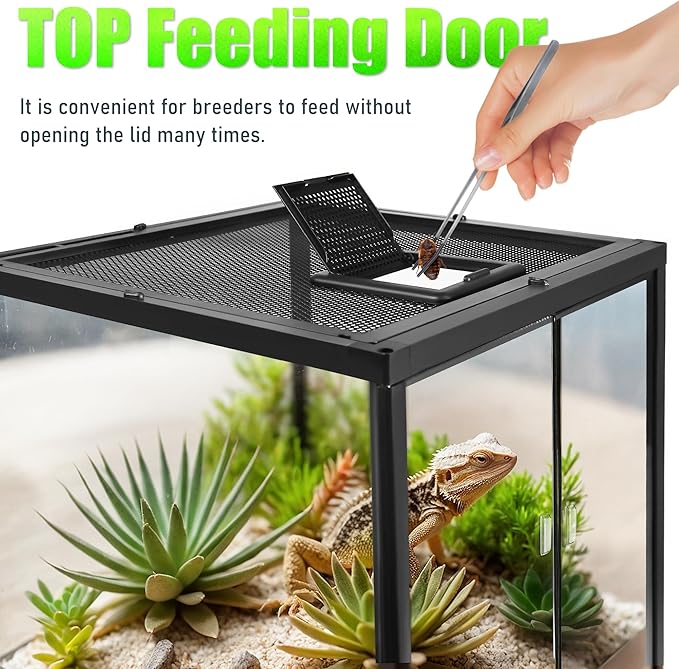 18’’18’’24’’ Reptile Terrarium with Full View Tempered Glass, 32 Gallon Reptile Habitat Comes with Feeding Port and Mesh Top Vent, Suitable for Reptiles Such as Lizard, Gecko and Snake