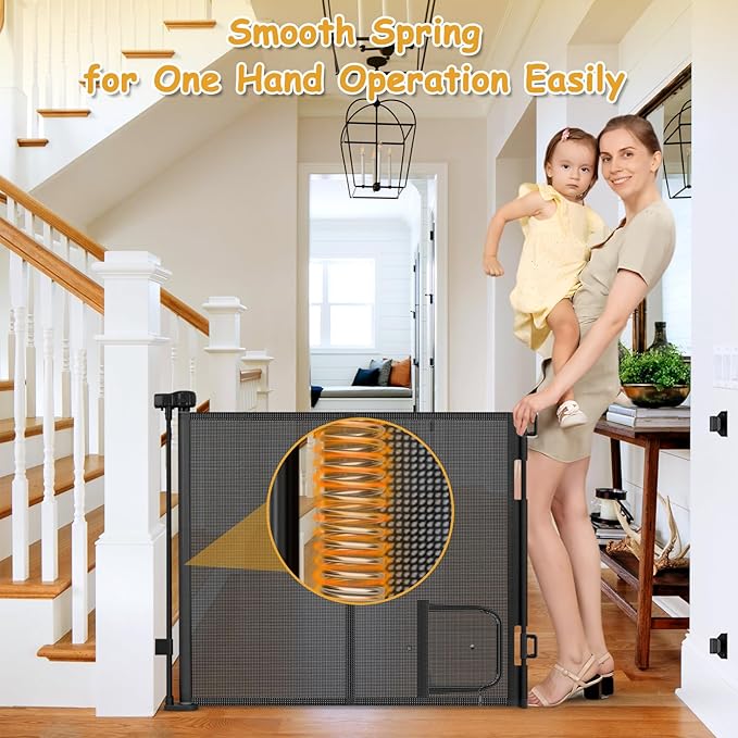 Reinforced 60” Wide Retractable Baby Gate with Cat Door 33” Tall Retractable Pet Gates with Reinforced Strips Mesh Dog Gate with Cat Door Mesh Gates for Kids or Pets Cats Can in and Out Freely,Black