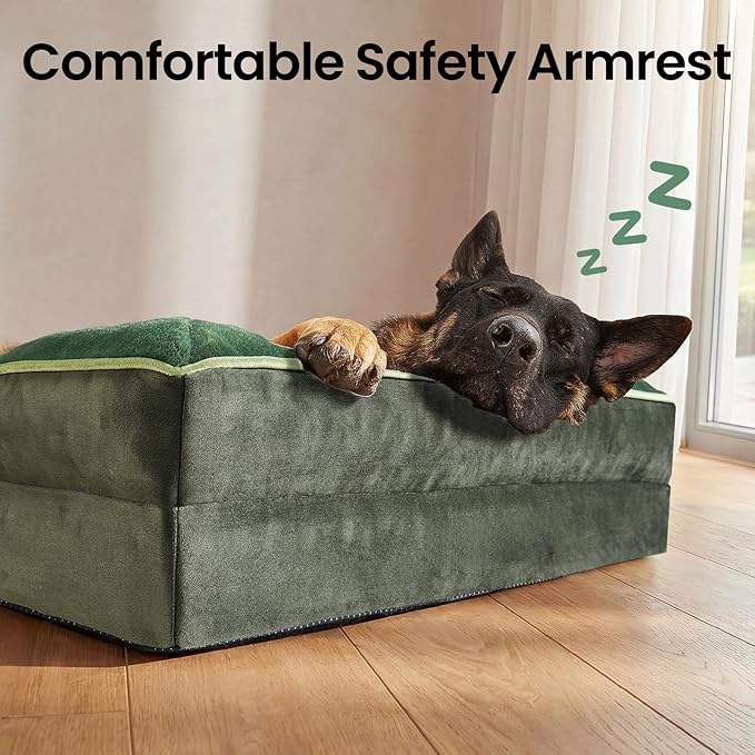 OhGeni Orthopedic Dog Bed Couch Big Cat Sofa for Extra Large Sized Pets with Memory Foam, Machine-Washable Waterproof Removable Cover, Soft Comfortable Fabric, 44-inch (Green)