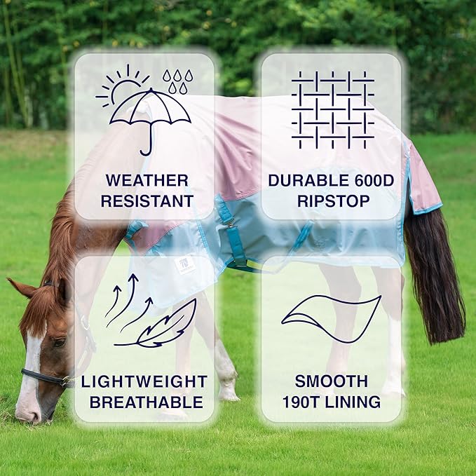 Horse Turnout Rain Sheet | 600 Denier Ripstop Turnout Blanket No Fill (0g) | Waterproof Lightweight Breathable | Tear-Resistant Outer & Rub-Free Silky Inner | Pink/Blue - 74 in