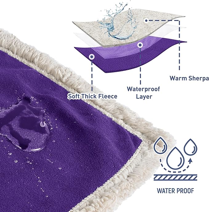 Kritter Planet Waterproof Dog Blanket, Washable Stain Proof Bed Cover, Reversible Leakproof Furniture Protector, Liquid Proof Blanket for Couch Sofa, 50x60 inch, Queen Size, Purple