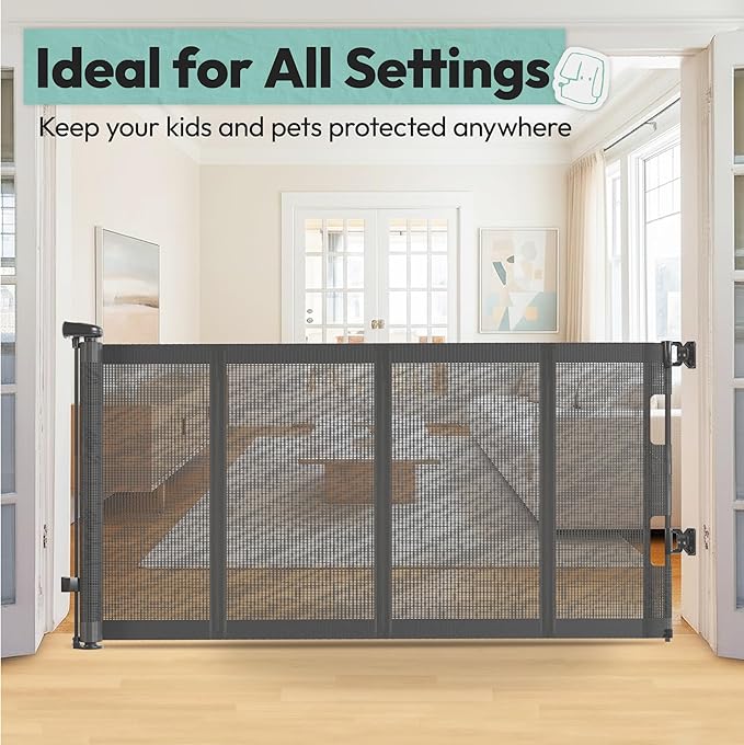 34" H Tall Mesh Dog Gate Extends Up to 200" W Retractable Pet Gate with Drill Installation, Preventing Crawling Through for Stairs, Doorways, Indoor & Outdoor (Grey)