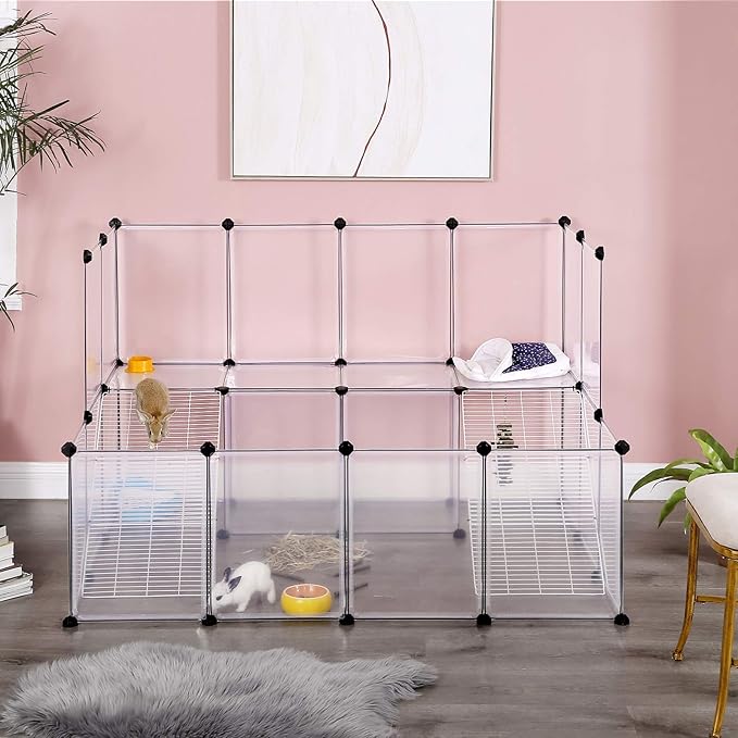 SONGMICS Guinea Pig Playpen with Dense Ramp, Indoor Rabbit Run Hutch Cage, Large Exercise Enclosure with Stairs, DIY Plastic Modular Fence for Hamster, Pet, Small Animals, White ULPC004W01