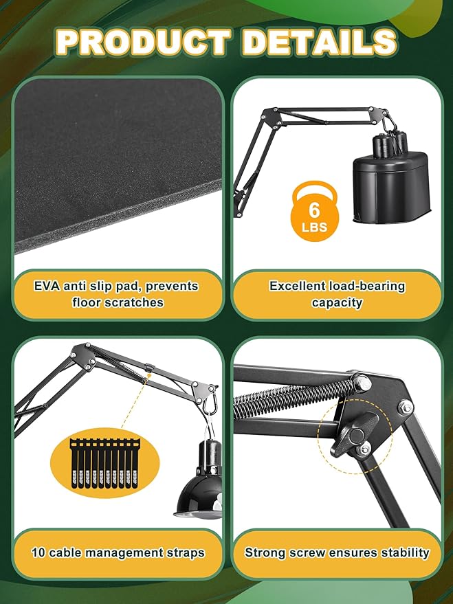 Dual Reptile Light Stand, Heat Bulb Stand (15.7 to 74.3 inch) with 2 Adjustable 360° Swing Arms for Terrarium, Reptile Heat Lamp Stand for Bearded Dragons, Turtles, and Chameleons (Black)