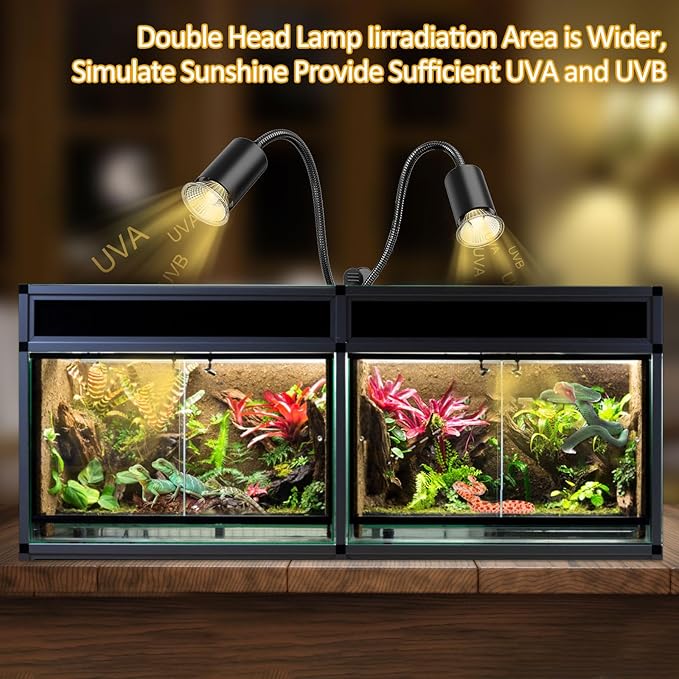 Reptile Heat Lamp with Clamp, 6 Pack Turtle Heat Lamp UVA UVB Bulbs 25/50/75w Dual Headed Timing & Dimming for Turtle Tank, Bearded Dragon, Lizard, Snake, Aquarium (E26,110V)