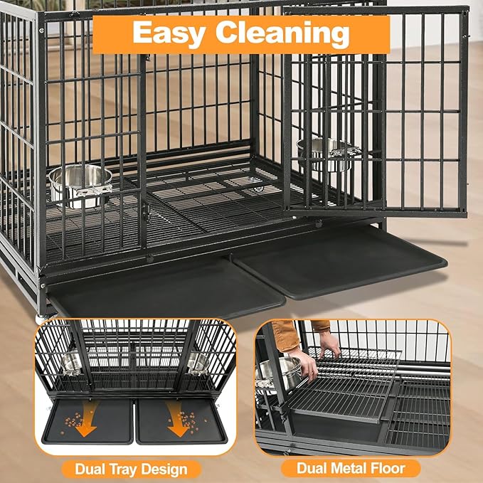 Homey Pet Heavy Duty Dog Crates for Large Dogs, 47 Inch Stackable Large Dog Crate Cage with 4 Wheels, 2 Removable Trays and Grids, 2 Bowls, Multi Locks Strong & Solid Escape Proof Dogs Kennel Indoor