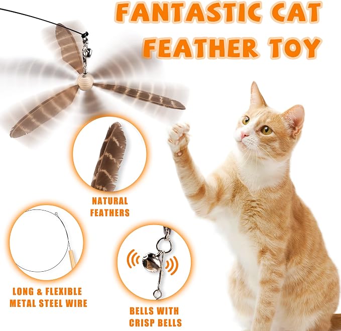 JXFUKAL Cat Wand Toys, Interactive Cat Toys with 3 Feather Refills, 29'' Flexible Steel Wire, Sturdy Wood Handle & Bell for Kitty Kitten, Cat Toys for Indoor Cats Teaser Cat String Toy - Image 3